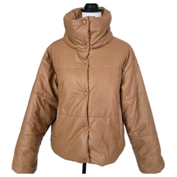 Lioness Puffer Quilted Caramel Brown Color Faux Leather Jacket Sz XS - Picture 1 of 13